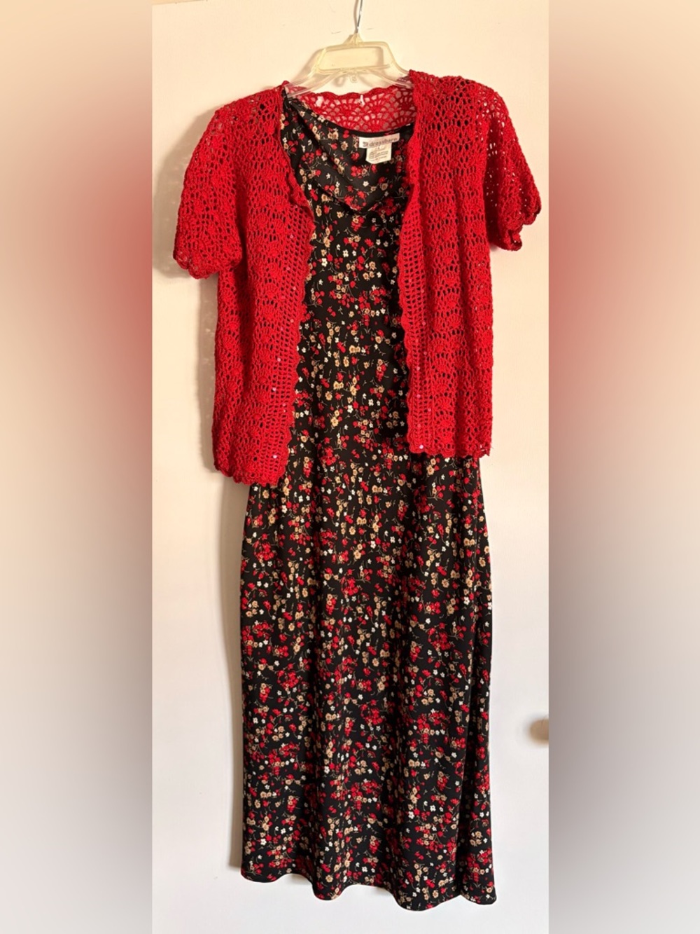 Dress Barn Dress with Red Crochet Short Sleeve Open Cardigan. Size 8 - Picture 2 of 3